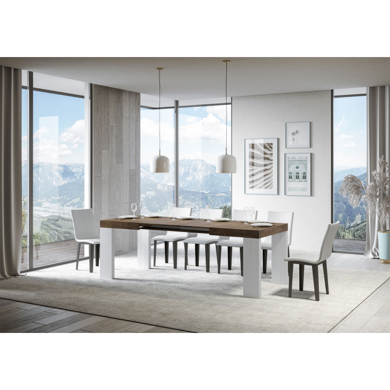 Tavolo allungabile 90x130/390 cm Roxell Mix piano Bianco Frassino - gambe Noce