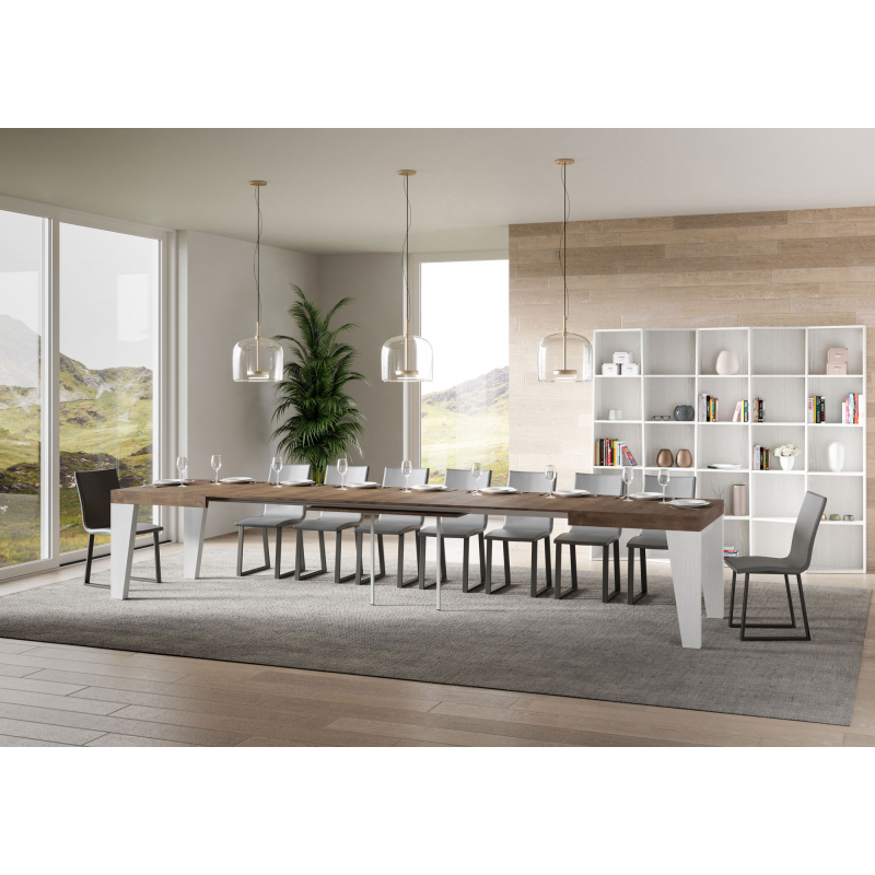 Tavolo allungabile 90x130/390 cm Naxy Mix piano Bianco Frassino - gambe Noce