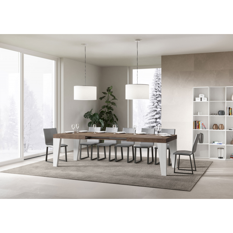 Tavolo allungabile 90x160/420 cm Naxy Mix piano Bianco Frassino - gambe Noce