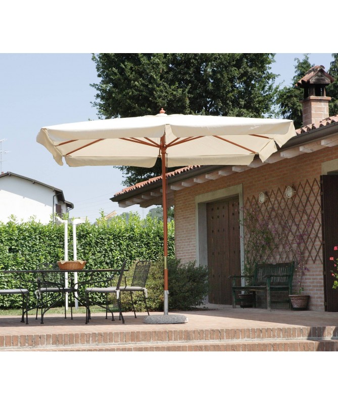 Ombrellone rettangolare MOIA 3x4m in poliestere ecrù con volante, antivento e fusto in legno teak