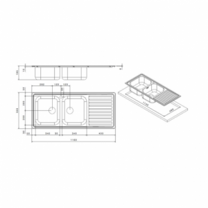 Zoom Lavello SAXT333A 2 vasche 116x50 cm gocciolatoio destro