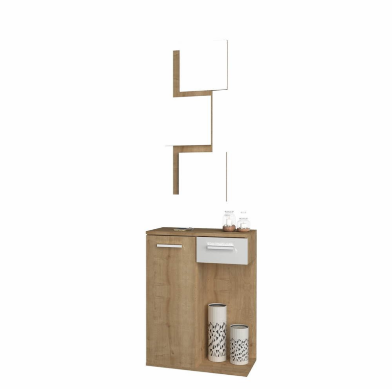 Mobile ingresso Lion con specchi anta e cassetto rovere bianco
