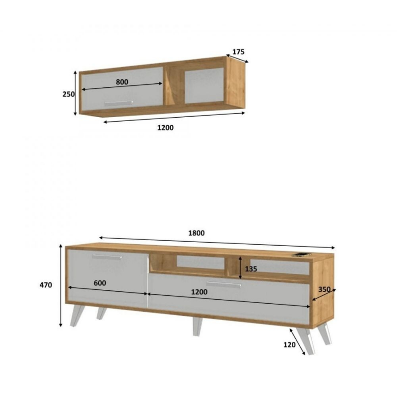 Porta tv Slim D2306TV180M109 rovere bianco 180x35x47h