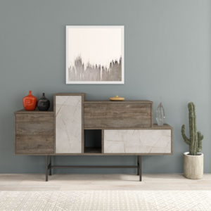 Zoom Madia Hermes colore dark coffee con ante e cassetti effetto marmo 160 cm