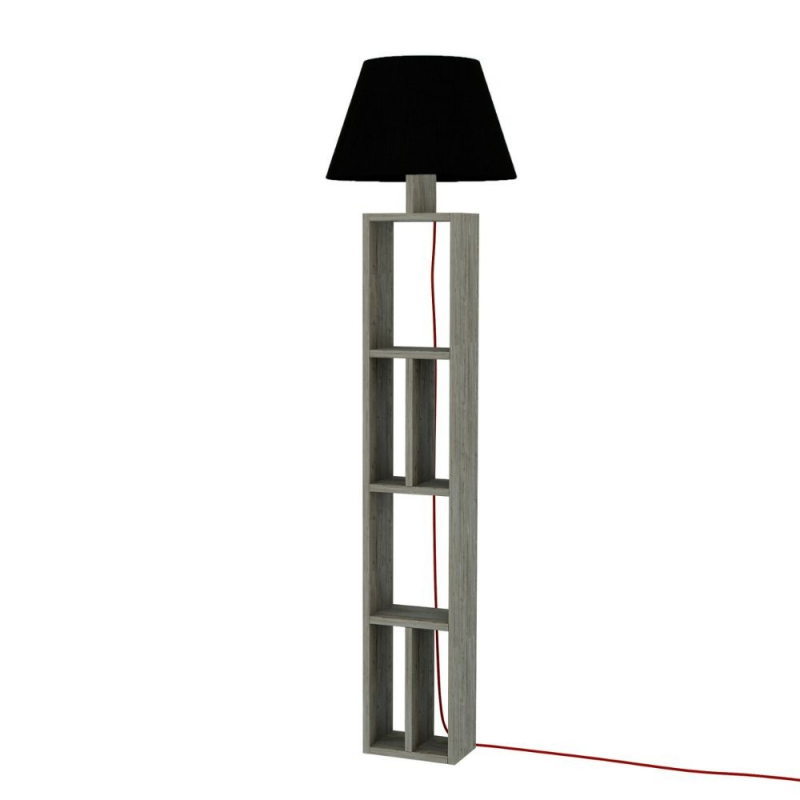 Lampada da terra Giorno in legno con libreria e paralume nero
