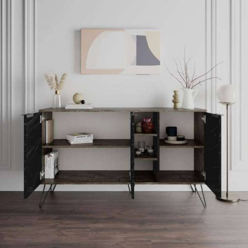 Madia Clara Bendir dark coffe 3 ante effetto marmo nero 142x35,5x83h
