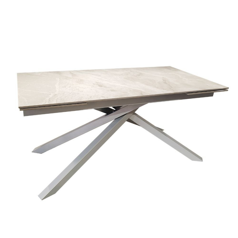 Tavolo allungabile Nefti con top in ceramica colore grigio chiaro italiano lucido con gambe argento