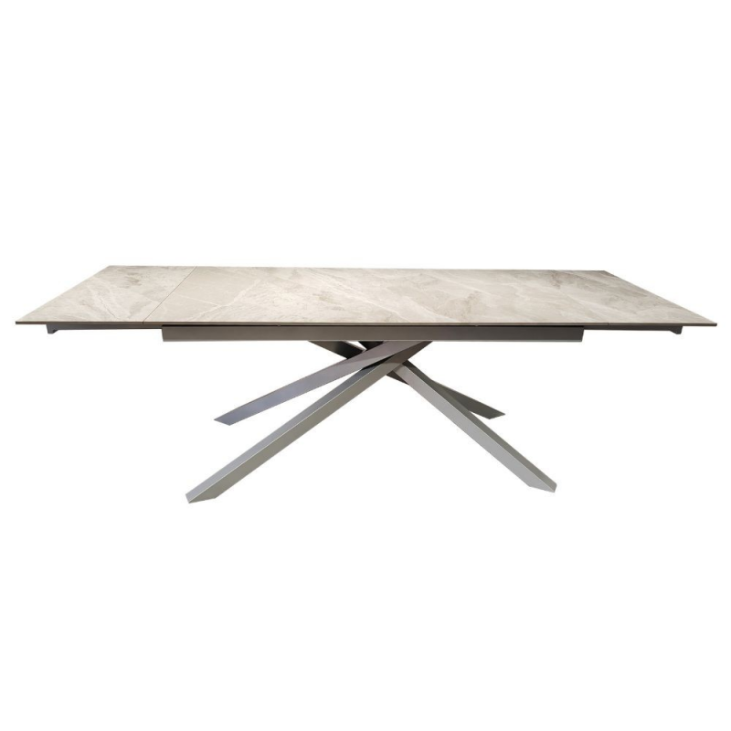 Tavolo allungabile Nefti con top in ceramica colore grigio chiaro italiano lucido con gambe argento