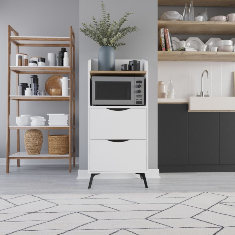 Mobile multiuso Gorki con cassetti bianchi e ripiano rovere