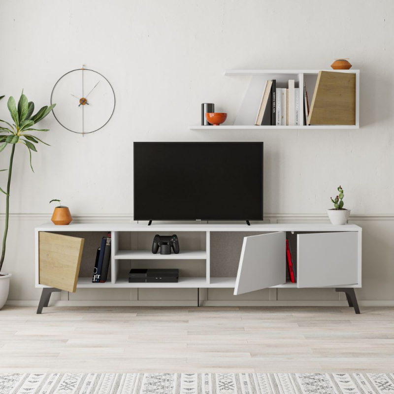 Porta tv Fiona bianco con anta rovere e mensola