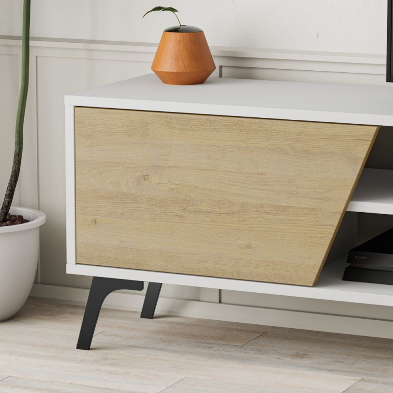 Porta tv Fiona bianco con anta rovere e mensola