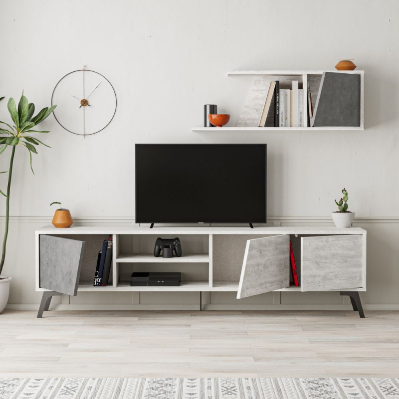 Porta tv Fiona bianco vintage con anta retro grey e mensola