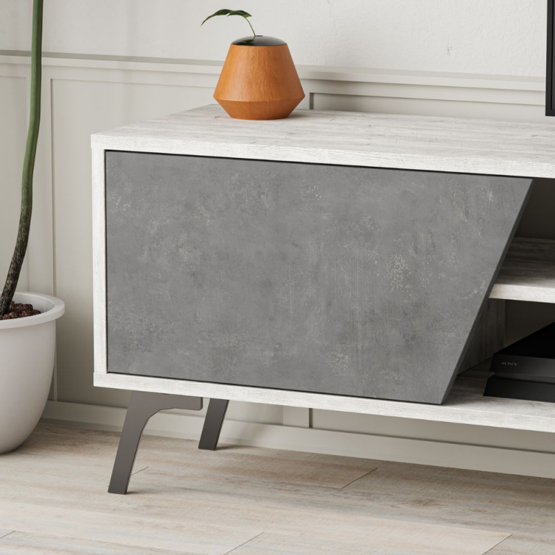 Porta tv Fiona bianco vintage con anta retro grey e mensola